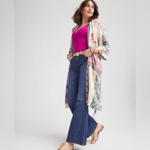 NWT Chico's Floral Boho Long Line Silk Lined Belted Mixed Media Patchwork Kimono